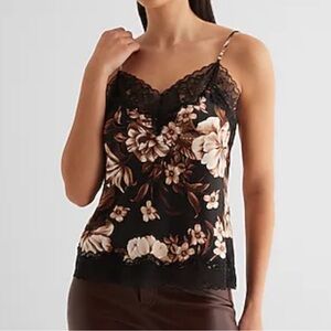 Express Satin Black and Cream Floral Lace Trim Downtown Cami Camisole medium